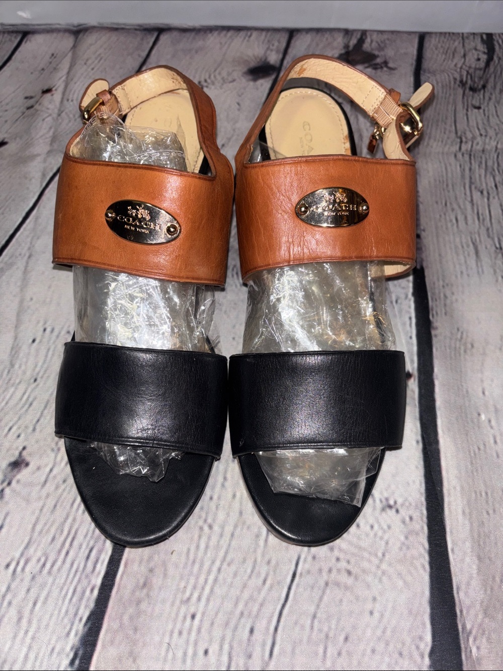 Coach Two-Tone Leather Slingback Sandals in Black and Brown